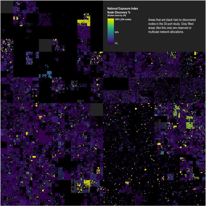 Heat map of the internet as seen by Rapid7. Each pixel represents 254 IP addresses, colour-coded by how many of those addresses respond to requests. You can see which countries the above blocks refer to by comparing it with the graphic below. Photograph: Rapid7